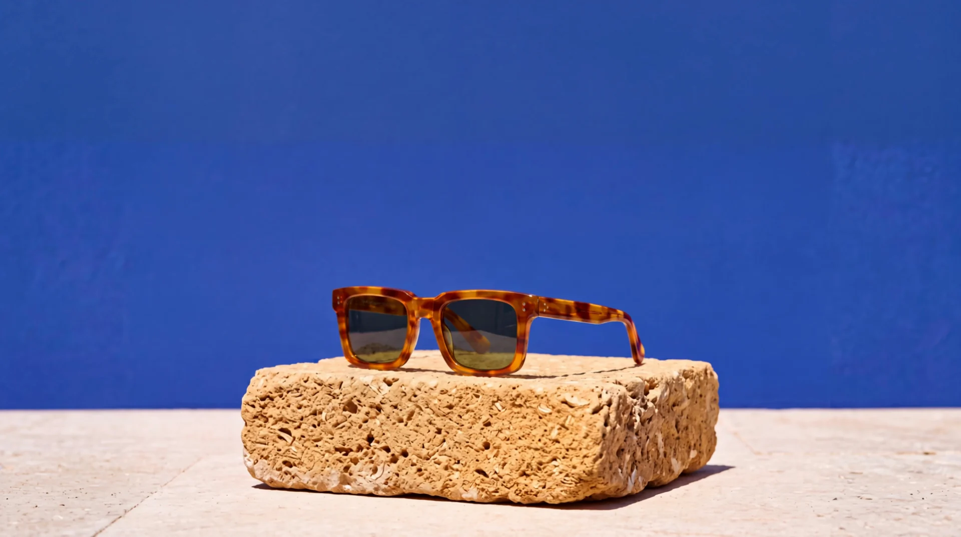 Gafas Formentor de carey miel sobre un bloque de marès, delante de una pared azul cobalto, a pleno sol de mediodía