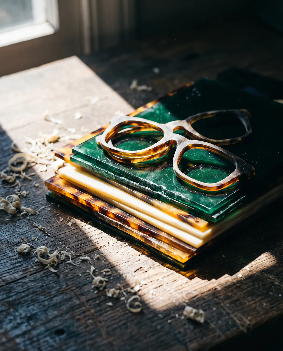 Planchas de acetato carey, hueso y verde con un frente recién cortado encima, sobre un banco de madera al sol